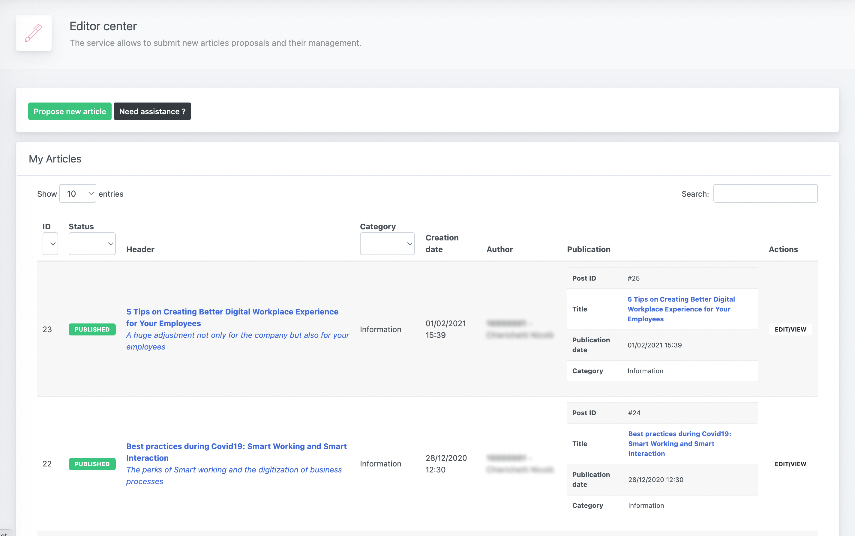 Editor center - My articles