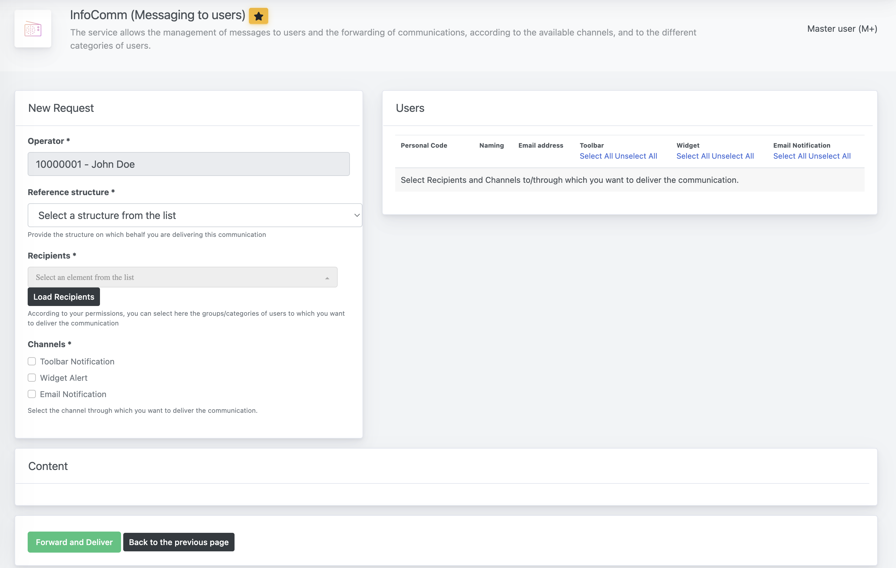 InfoComm (Messaging to Users) - Initial Page