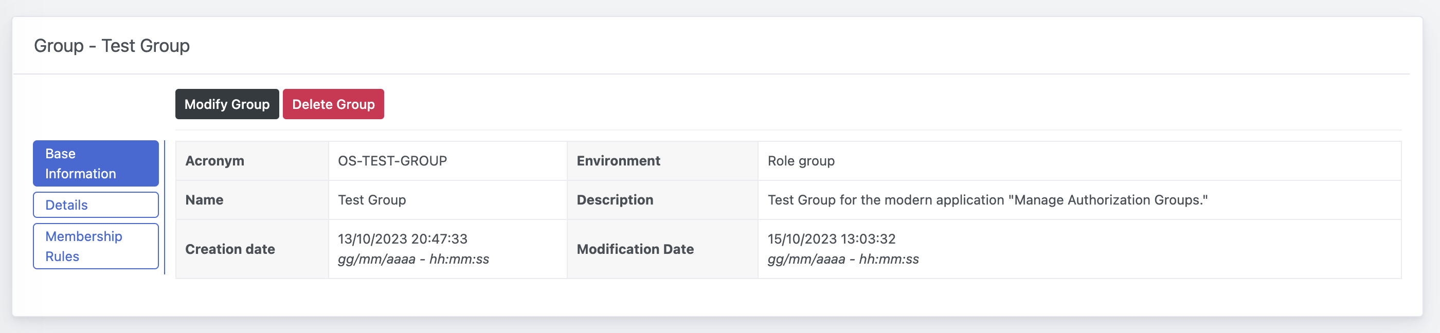 OpenStudio - Manage Authorization Groups - Info - Base Information