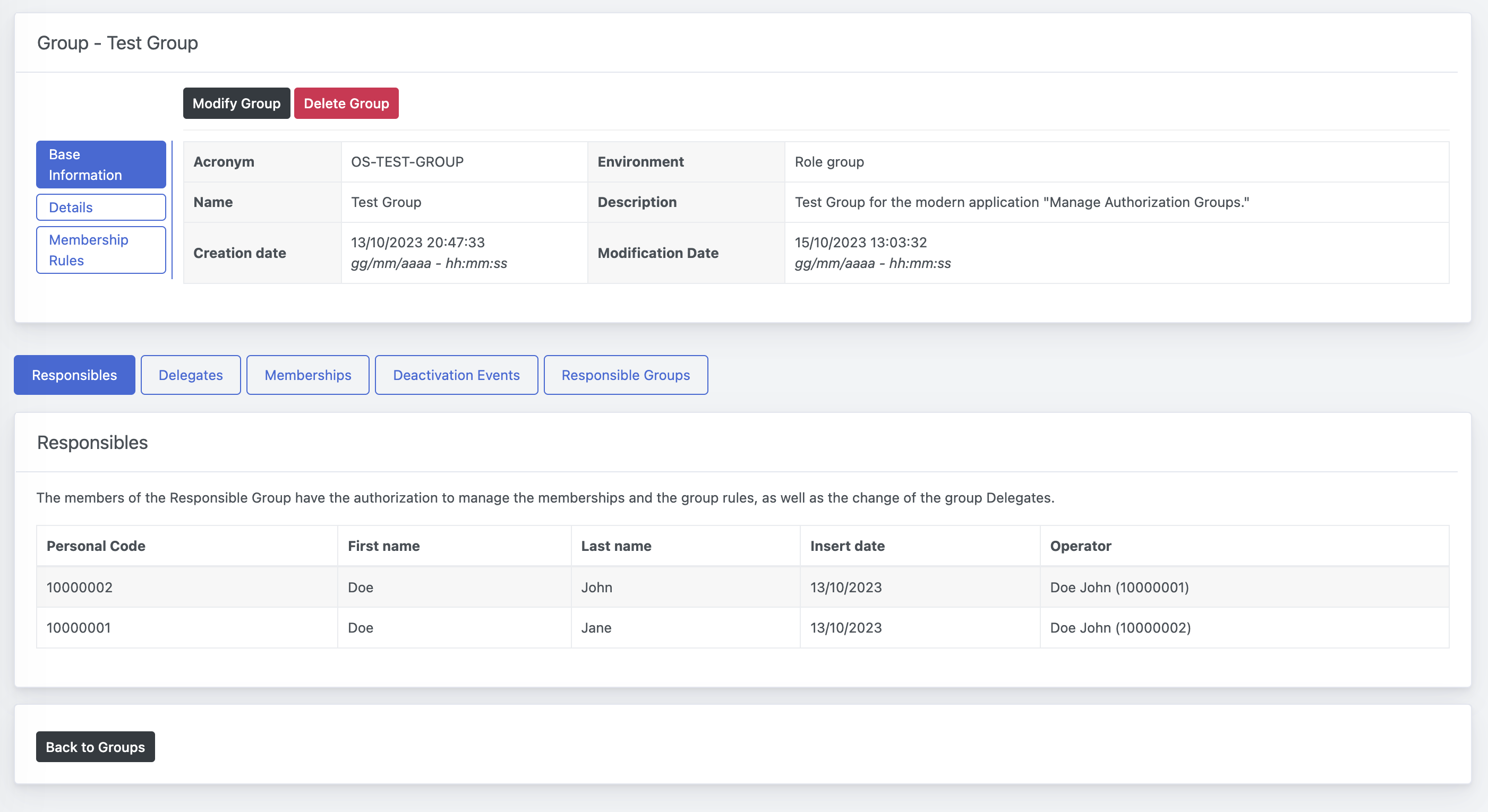 OpenStudio - Manage Authorization Groups - Group Details Overview