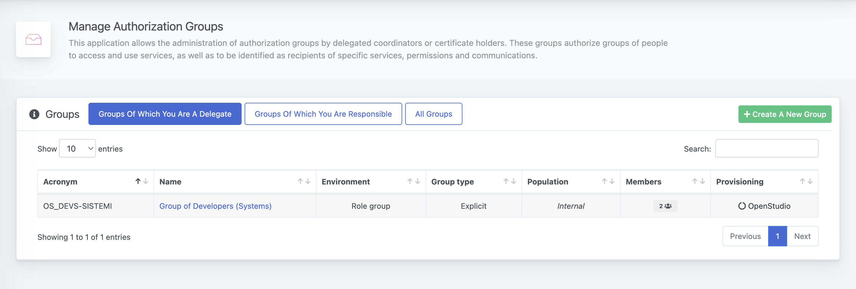 OpenStudio - Administrar grupos de autorización - Lista de grupos