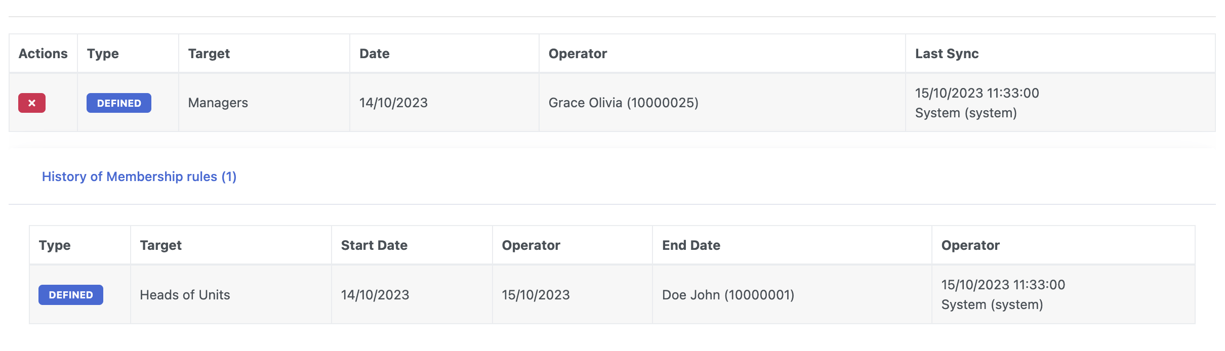 OpenStudio - Manage Authorization Groups - Membership Rules - History