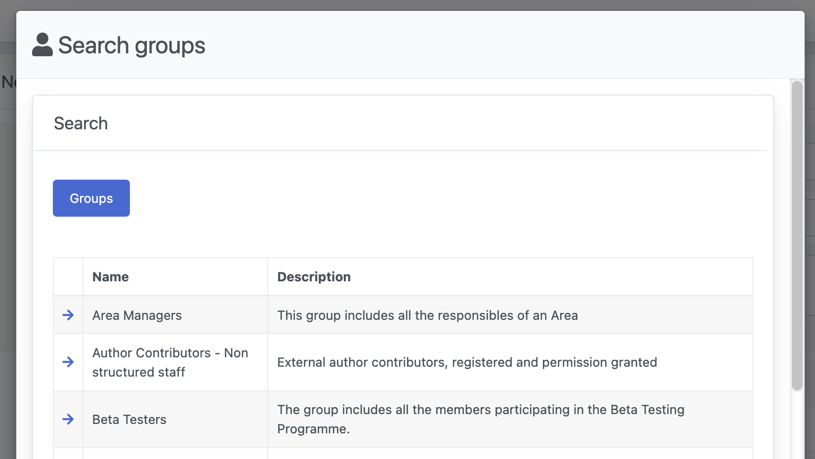 OpenStudio - Administrar grupos de autorización - Seleccionar grupo responsable