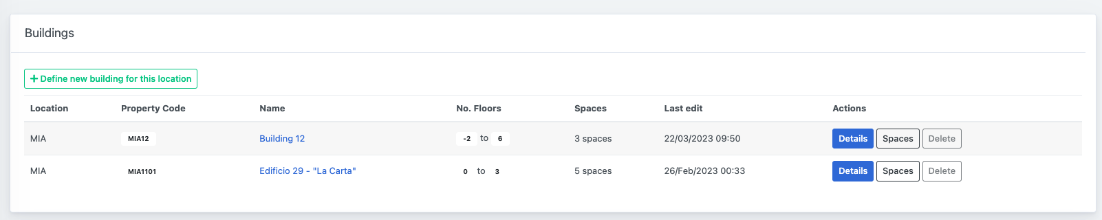 Manage Spaces - Buildings list