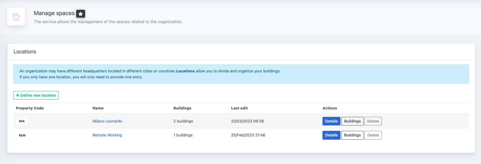 Manage Spaces - Location view