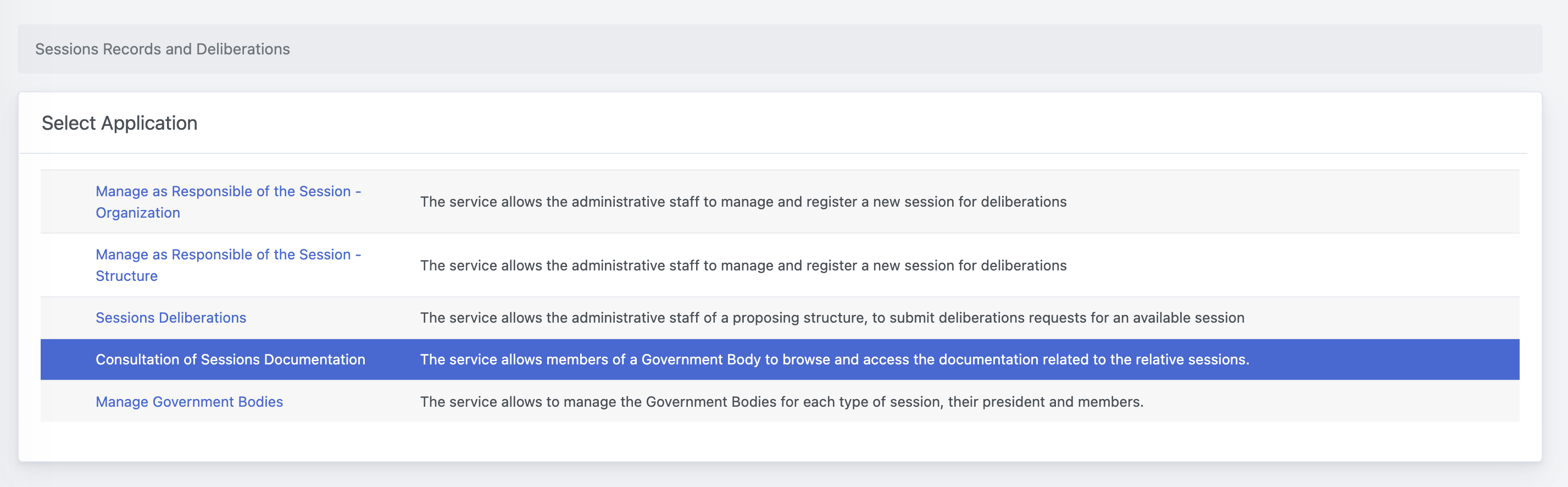 Registres des sessions et délibérations - Sélection de l'application - Consultation de la documentation des sessions