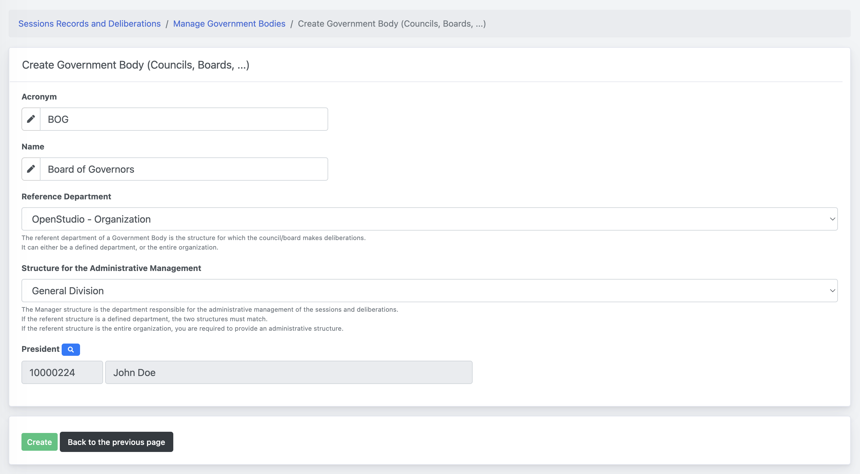 Sessions Records and Deliberations - Create new Government Body