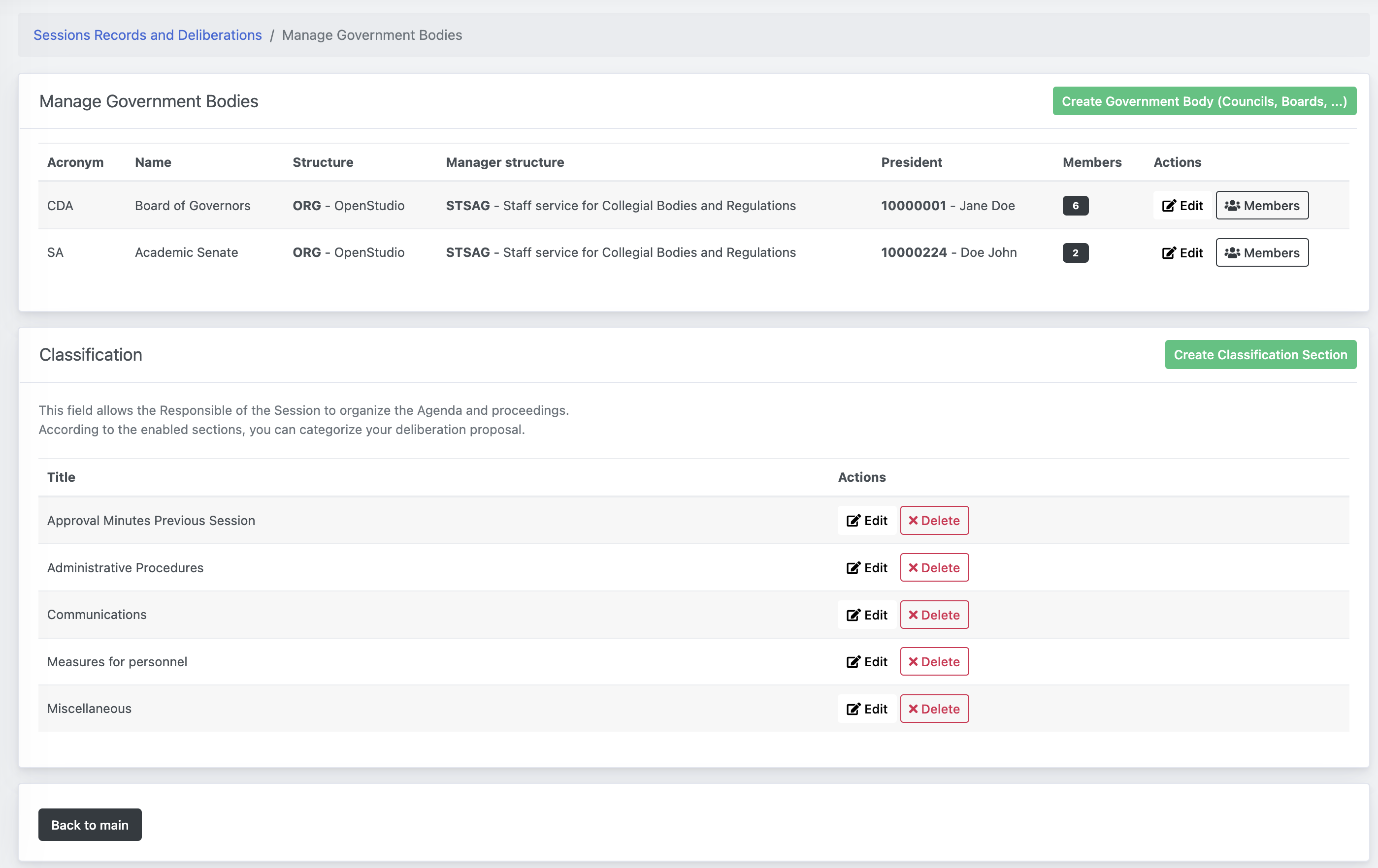 Sessions Records and Deliberations - Main screen