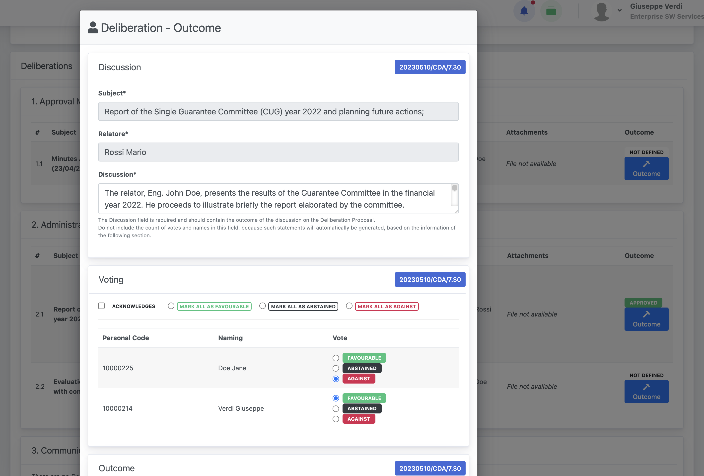 Sessions Records and Deliberations - Session Manager (Organization) - Deliberations Outcome Approval