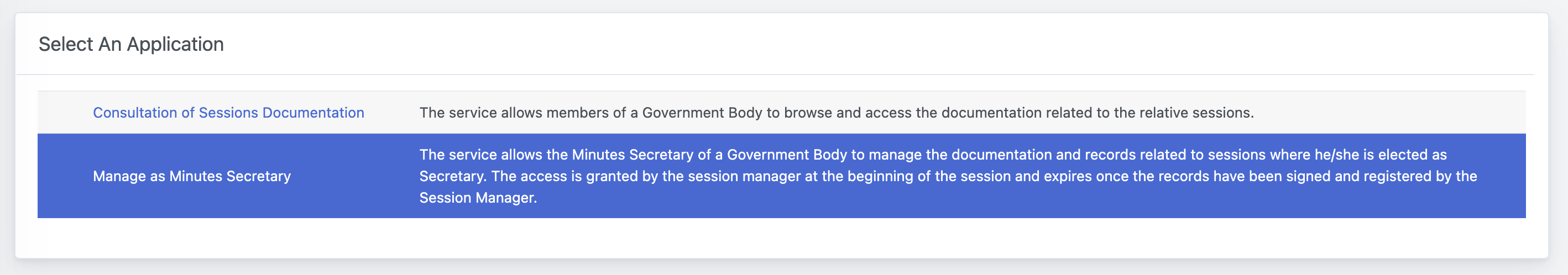 Sessions Records and Deliberations - Select Application - Manage as Minutes Secretary