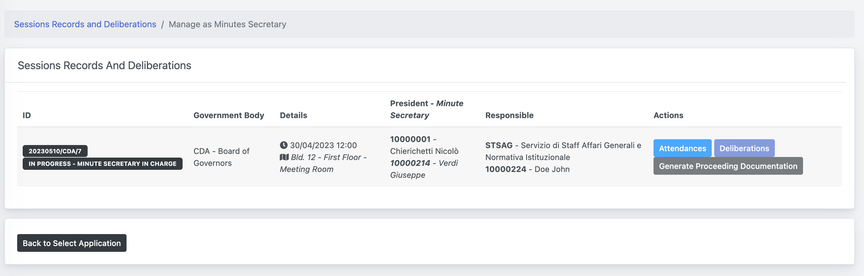 Sessions Records and Deliberations - Select Application - Manage as Minutes Secretary (List)