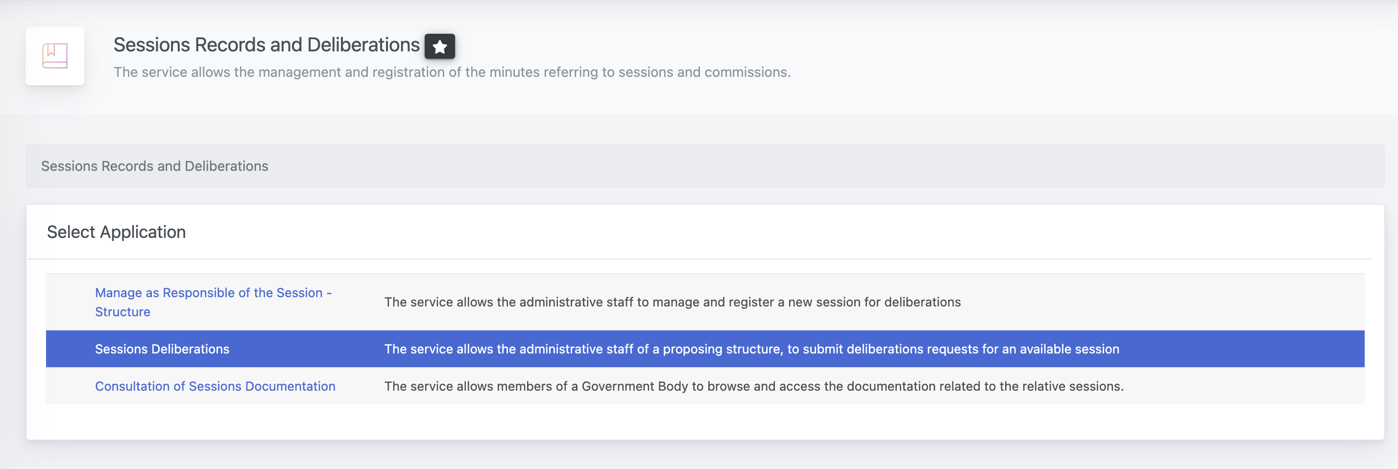 Sessions Records and Deliberations - Select Application - Sessions Deliberations