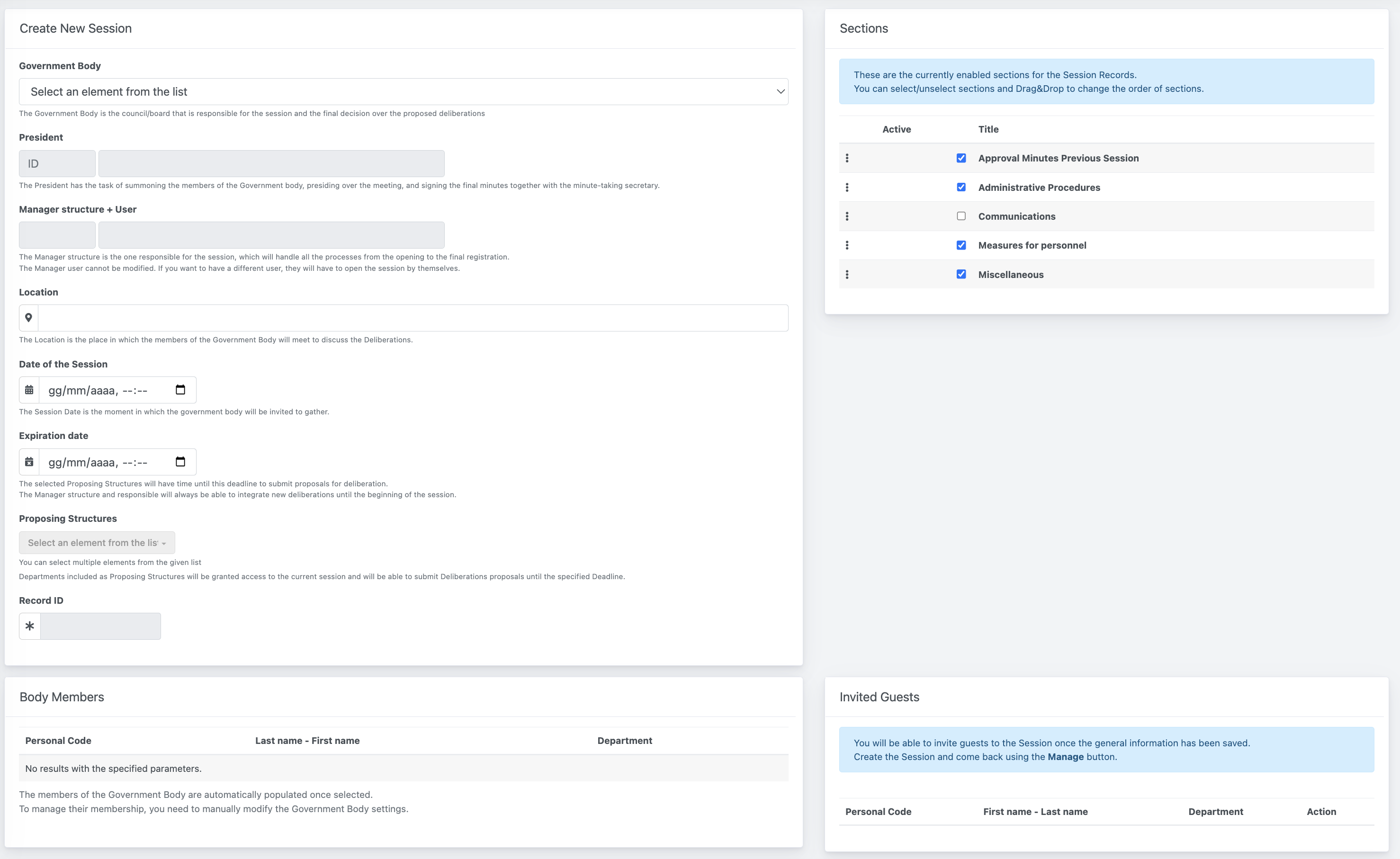 Sessions Records and Deliberations - Session Manager (Organization) - Create new Session