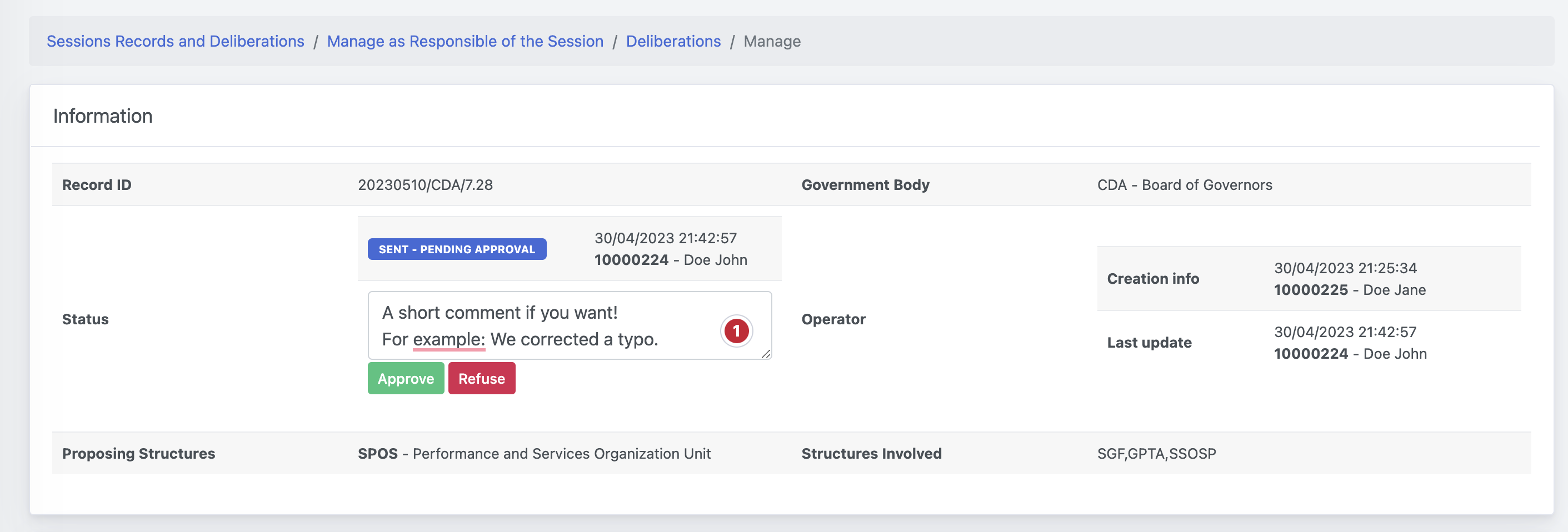 Sessions Records and Deliberations - Session Manager (Organization) - Deliberation Proposal Management