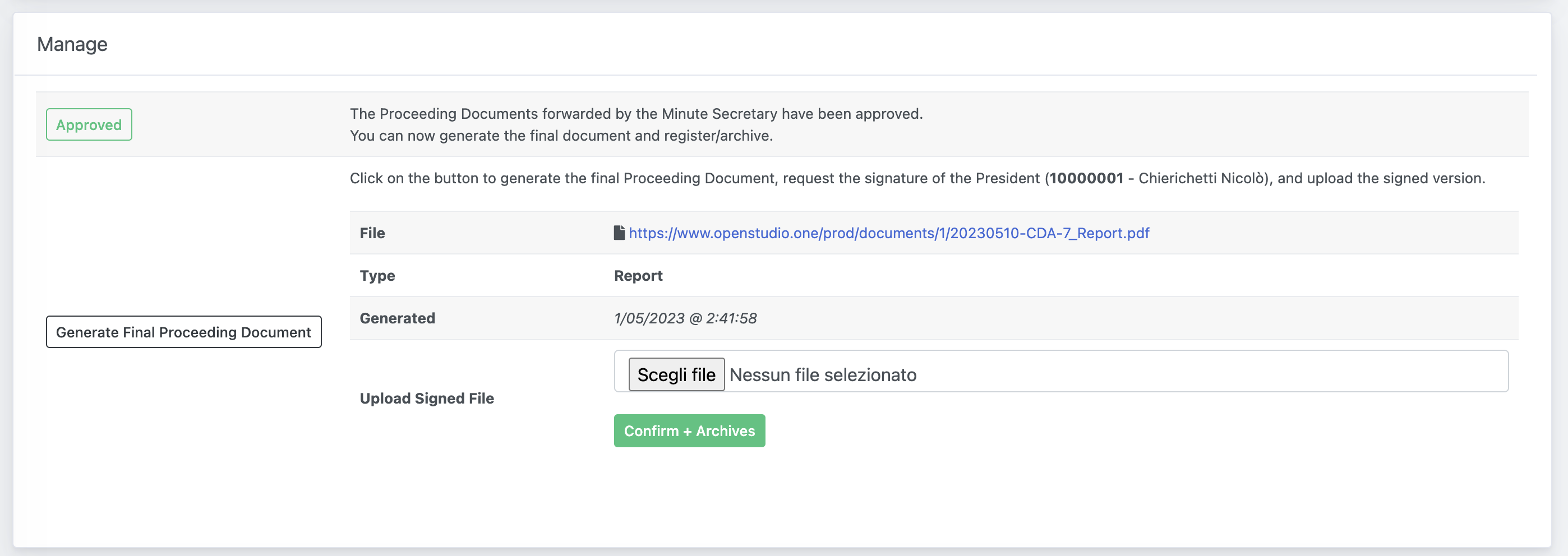 Sessions Records and Deliberations - Session Manager (Organization) - Generate Final Proceeding Documents (Generated)