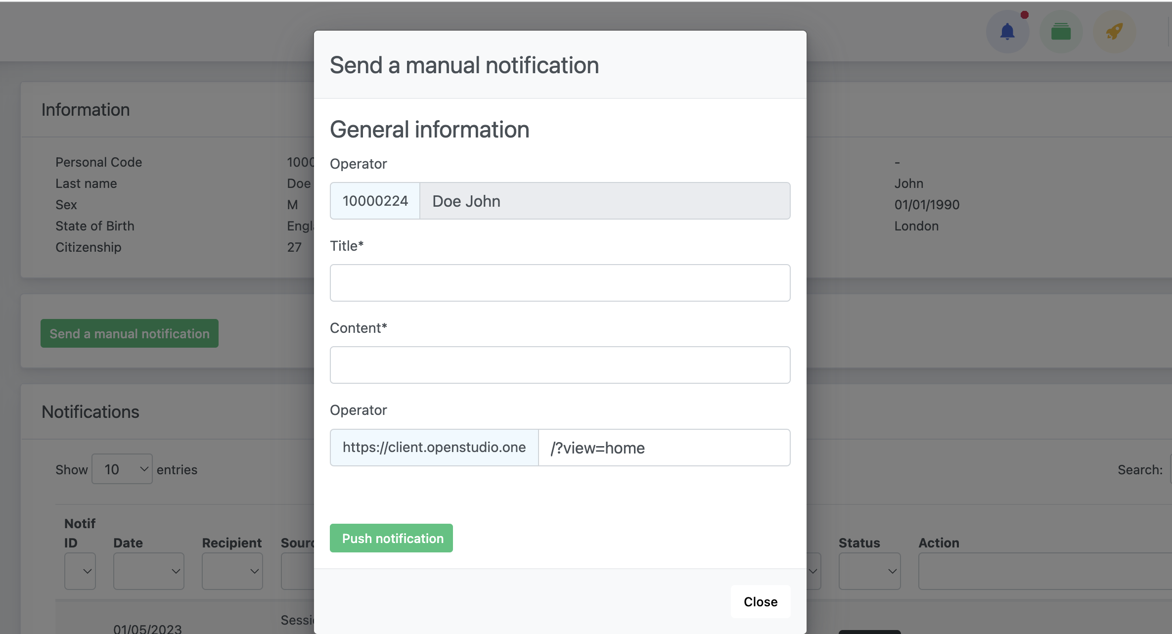 Centro de notificaciones: nueva notificación manual